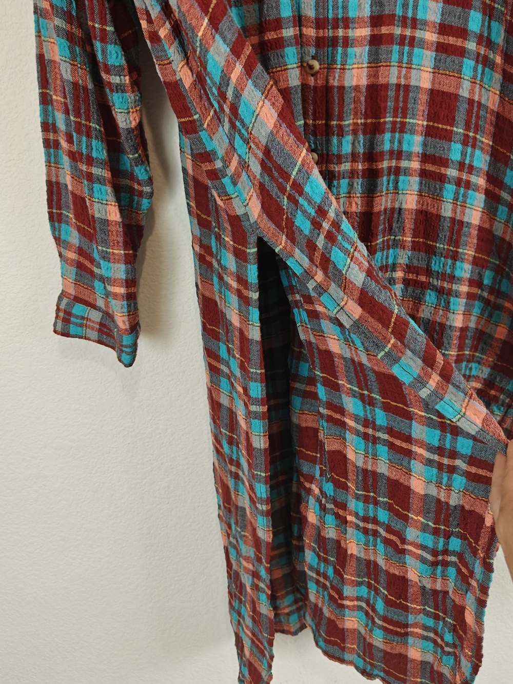 Pilcro Long Plaid Button-Down Shirt Dress in Burgundy and Teal - Picture 5 of 16